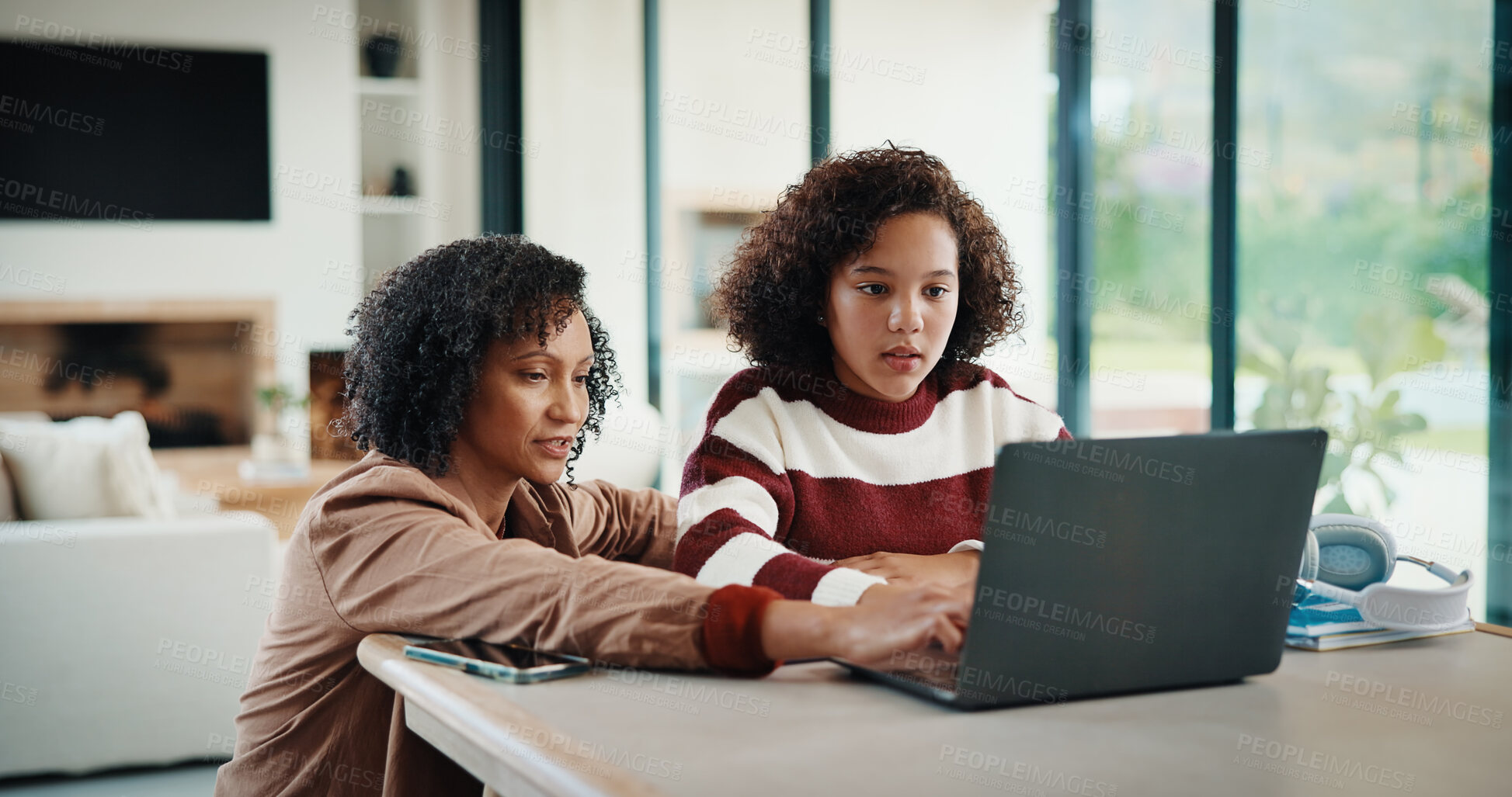 Buy stock photo Laptop, elearning and mother helping girl in house for homework, studying or online class. Technology, explaining and mom with kid or student for virtual lesson, education and computer in apartment.