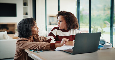 Buy stock photo Laptop, elearning and mom helping child in house for homework, studying or online class. Technology, explaining and mother with girl student for virtual lesson or education on computer in apartment.
