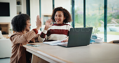 Buy stock photo Happy, mom and girl with high five for home school education, tutoring or learning success. Celebrate, child or mother with goals, documents or homework for online lesson or achievement in house