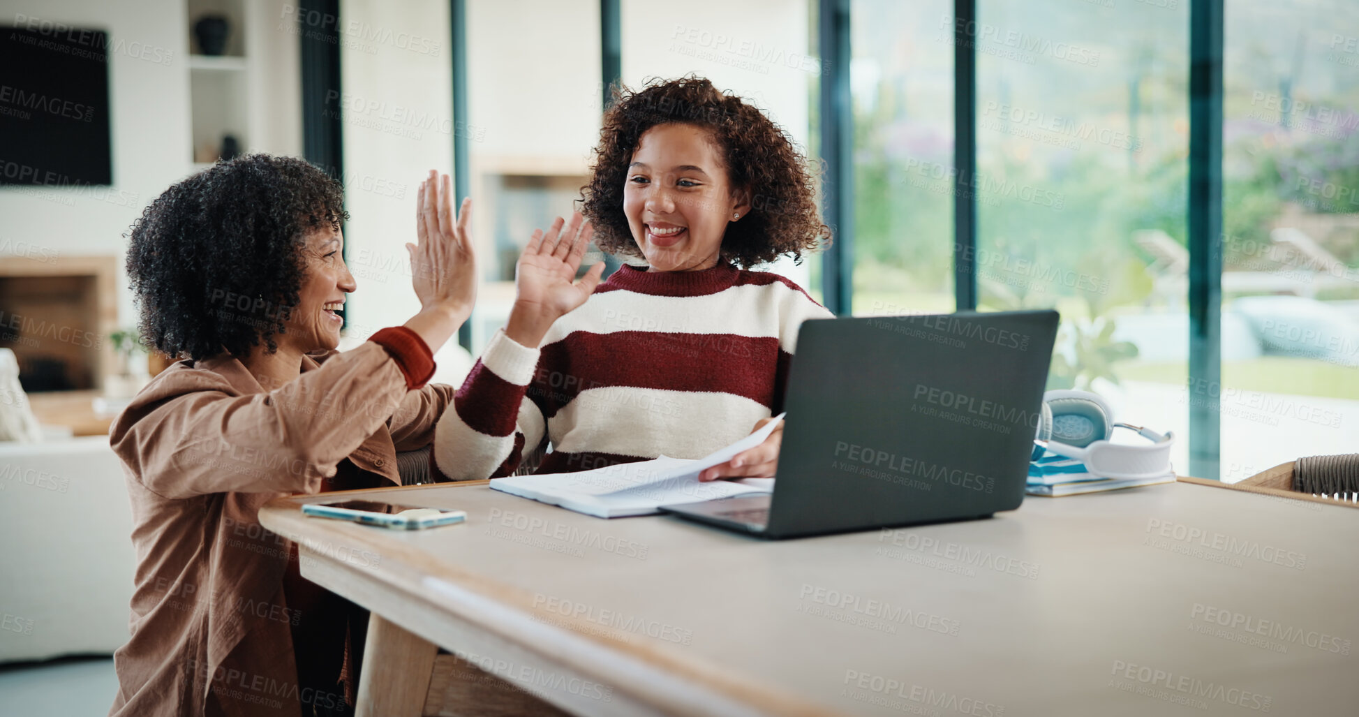 Buy stock photo Happy, mom and girl with high five for home school education, tutoring or learning success. Celebrate, child or mother with goals, documents or homework for online lesson or achievement in house