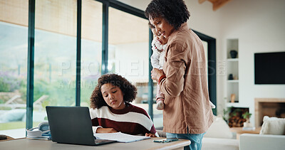 Buy stock photo Laptop, online class and mother helping child in house for homework, studying or elearning. Technology, explaining and mom with girl student for virtual lesson or education on computer in apartment.