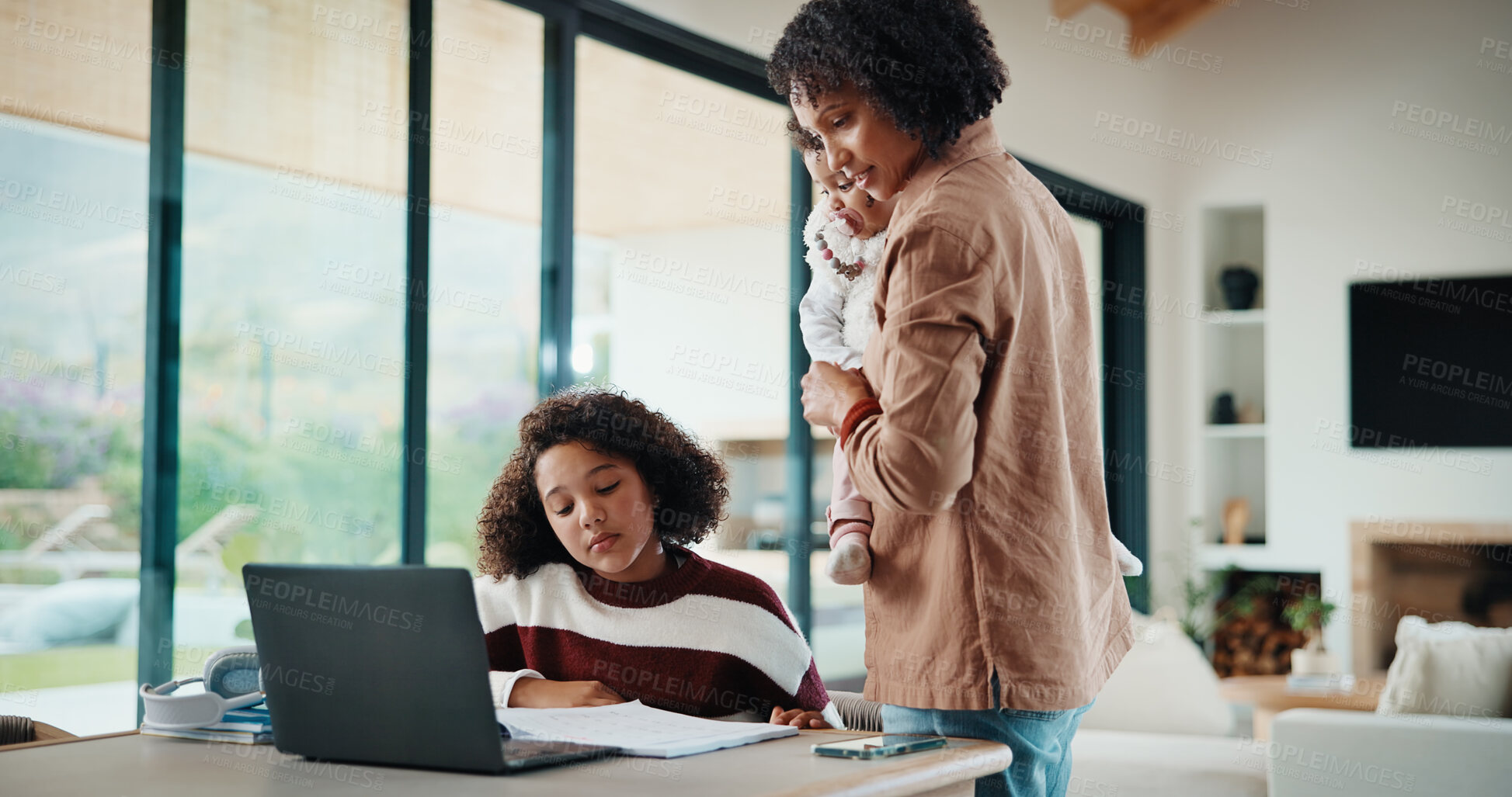 Buy stock photo Laptop, online class and mother helping child in house for homework, studying or elearning. Technology, explaining and mom with girl student for virtual lesson or education on computer in apartment.