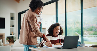 Buy stock photo Laptop, online class and mother helping kid in house for homework, studying or elearning. Technology, explaining and mom with girl student for virtual lesson or education on computer in apartment.
