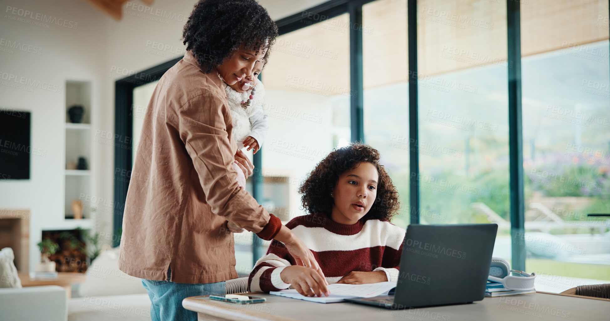 Buy stock photo Laptop, online class and mother helping kid in house for homework, studying or elearning. Technology, explaining and mom with girl student for virtual lesson or education on computer in apartment.