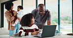 Homework, laptop and girl with father for advice with internet, connection or education. Family, parents and daughter with computer, knowledge and communication for child development, help or growth