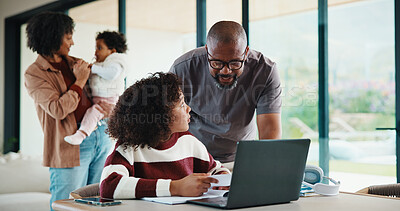 Buy stock photo Homework, laptop and girl with father for advice with internet, connection or education. Family, parents and daughter with computer, knowledge and communication for child development, help or growth