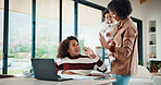 Happy, mom and child with high five for home school education, tutoring or learning success. Daughter, kid or mother with laptop, documents or homework for online lesson or achievement in house