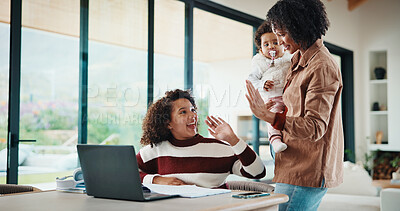 Buy stock photo Happy, mom and child with high five for home school education, tutoring or learning success. Daughter, kid or mother with laptop, documents or homework for online lesson or achievement in house