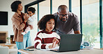 Homework, laptop and kid with father for advice with internet, connection or education. Family, parents and daughter with computer, knowledge and communication for child development, help or growth