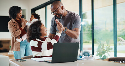 Buy stock photo Happy, dad and child with high five for home school education, tutoring or learning success. Daughter, kid or father with laptop, documents or homework for online lesson or achievement in house