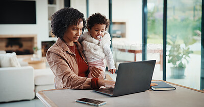 Buy stock photo Laptop, remote work and mom with baby, home and checking ads for online shop and performance review. Entrepreneur, multitask and inventory management on web, childcare and woman with tech in house