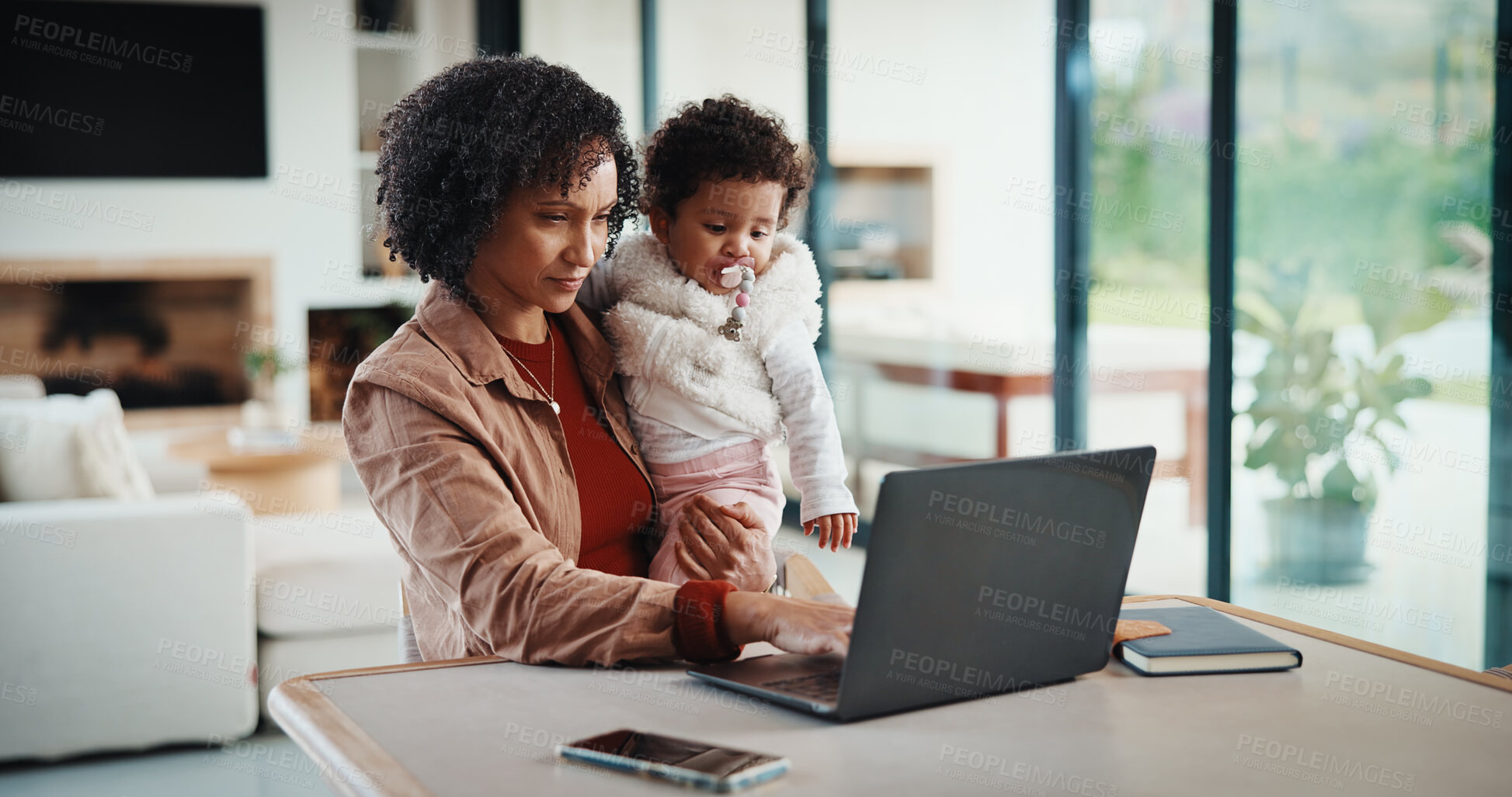 Buy stock photo Laptop, remote work and mom with baby, home and checking ads for online shop and performance review. Entrepreneur, multitask and inventory management on web, childcare and woman with tech in house