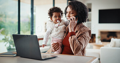 Buy stock photo Phone call, remote work and mom with baby, home and check ads on laptop, discussion and contact. Entrepreneur, multitask or online inventory management with childcare, woman and mobile communication