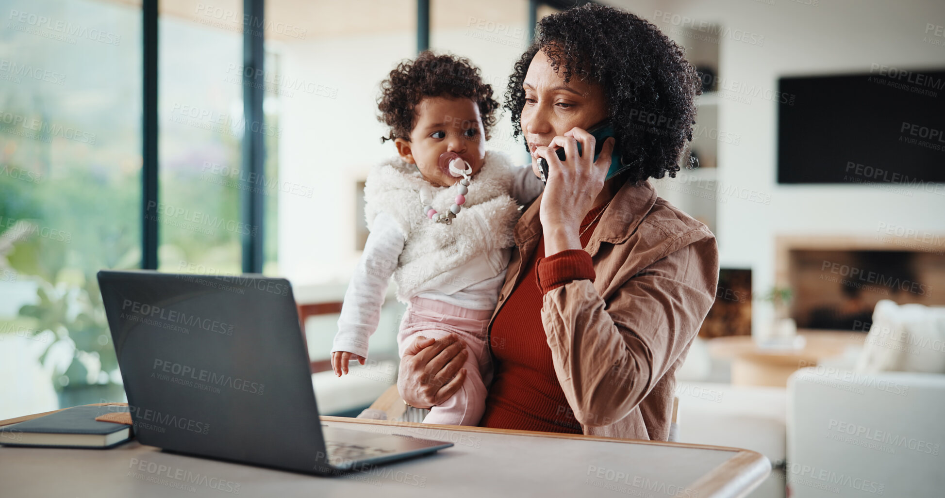 Buy stock photo Phone call, remote work and mom with baby, home and check ads on laptop, discussion and contact. Entrepreneur, multitask or online inventory management with childcare, woman and mobile communication