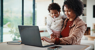 Buy stock photo Remote work, online and mom with baby, home and checking ads on laptop for small business or typing. Entrepreneur, multitask and inventory management on web, childcare and woman with smile in house