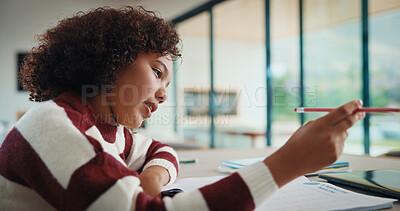 Buy stock photo Girl, reading or thinking with homework, pencil and education with knowledge for math assignment. Smart, child and problem solving in home with notebook, growth and learning numeracy for development.