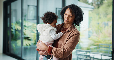 Buy stock photo Serious, mom and think with baby, home and planning for childcare and connection with girl on break. Woman, reflection and bonding with daughter, thoughts and single parent with decision in house
