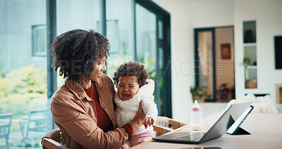 Buy stock photo Mom, remote work and crying baby in home, multitasking and comforting daughter with tears or tantrum. Entrepreneur, online shop and woman with laptop in living room, distraction and soothing child