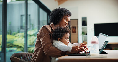 Buy stock photo Remote work, typing and mom with baby, home office and checking ads on laptop for online shop or web. Entrepreneur, multitasking and inventory management, childcare and woman with smile in house