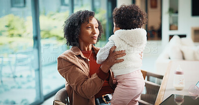Buy stock photo Playing, love and mother with baby in home for bonding, connection or family together on weekend. Support, child and mom with girl toddler for safety, development or growth with care in apartment.