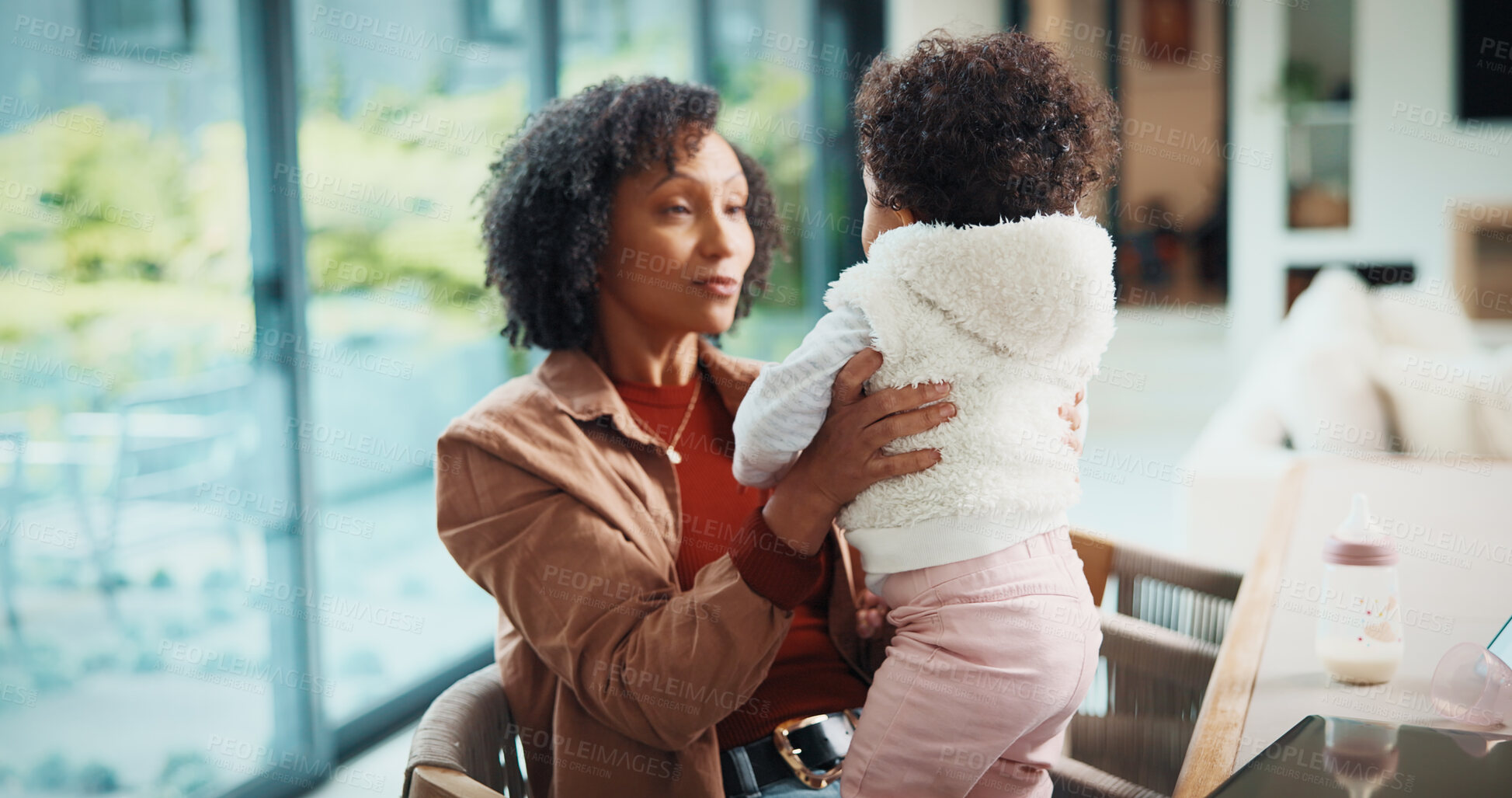 Buy stock photo Playing, love and mother with baby in home for bonding, connection or family together on weekend. Support, child and mom with girl toddler for safety, development or growth with care in apartment.