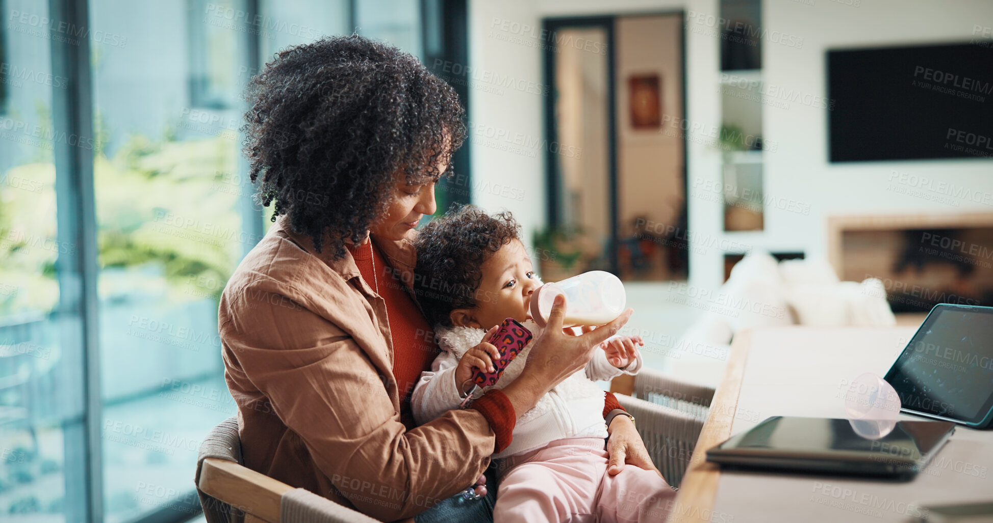 Buy stock photo Mom, baby and bottle in home with bonding together, feeding and child development. Morning, drinking milk and woman or mother with hungry infant for caring, nutrition and growth in apartment lounge