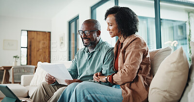 Buy stock photo Document, home and excited couple with financial profit, insurance update or investment increase. African man, mature woman and loan approval with paperwork, success or savings growth in living room