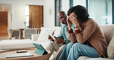 Buy stock photo Finance, couple and stress with document on sofa for debt overload, account arrears or worry. Mature african people, invoice and partner anxiety in home for missed bills, expenses or inflation crisis