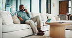 Phone call, talking and happy black man on sofa for contact, conversation and remote worker. Smile, tablet and mature person on cellphone for communication, online chat and update for work from home