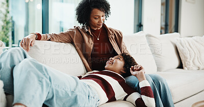 Buy stock photo Relax, sofa and mother with daughter for home, bonding and talking of movie or film. Woman, comfortable and mom with child on couch for family connection, happiness and conversation on weekend