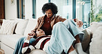 Smile, mother and relax with child at house for love, parental support and bonding together. Happy, woman or daughter on sofa for affection, nurturing parent and interaction for weekend break in home