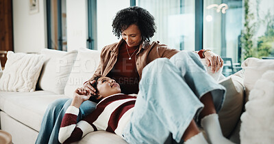 Buy stock photo Smile, mother and relax with child at house for love, parental support and bonding together. Happy, woman or daughter on sofa for affection, nurturing parent and interaction for weekend break in home