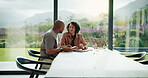 Couple, documents and happy with budget in home for financial review, planning or bills by window. Mature people, paperwork and smile with investment, report or asset management with tech in house