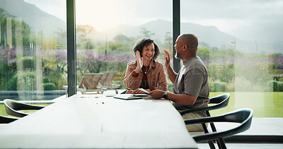 Buy stock photo Document, home and people high five for success with contract, agreement or mortgage. Happy, deal and client with insurance broker for discussion, proposal or helping with benefits, policy or meeting