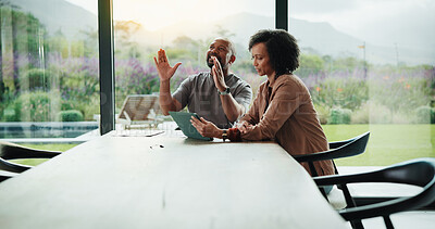 Buy stock photo Man, woman and tablet with interior design at office with brainstorming for project management. People, property developer and realtor with tech, application and insight with discussion in boardroom