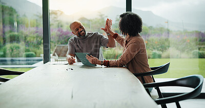 Buy stock photo Tablet, home and people high five for success with contract, agreement or mortgage deal. Happy, approval and client with insurance broker for discussion, advice or help with digital tech for policy