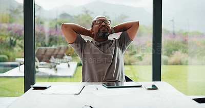 Buy stock photo Stretching, relax and black man in home for remote work with done, break or thinking of tasks. Finish, tired and mature freelancer with rest, eyes closed or dreaming of career and business growth
