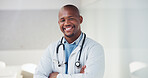 Smile, doctor and portrait with black man in hospital for healthcare advisor, about us and pride. Medical specialist, happy and arms crossed with person in clinic confidence, physician and healing