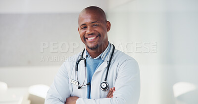 Buy stock photo Smile, doctor and portrait with black man in hospital for healthcare advisor, about us and pride. Medical specialist, happy and arms crossed with person in clinic confidence, physician and healing