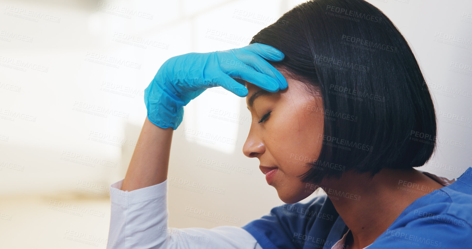 Buy stock photo Tired, nurse and thinking with woman in hospital for medical burnout, stress and sad. Healthcare mistake, reflection and challenge with frustrated person on floor of clinic for fatigue and grief