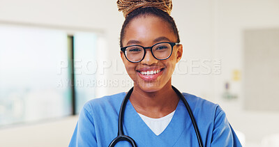 Buy stock photo Nurse, portrait and glasses with black woman in hospital for medical intern, about us and pride. Healthcare trainee, happy and nursing with person in clinic for wellness, physician and confidence