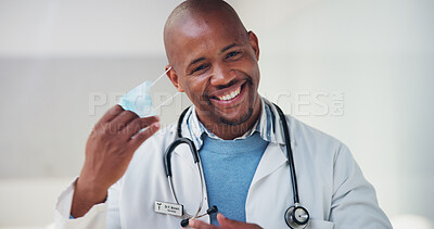 Buy stock photo Doctor, face mask and portrait of black man in hospital for virus protection, outbreak and virologist. Healthcare advisor, infectious disease expert and medical with person for ppe and about us