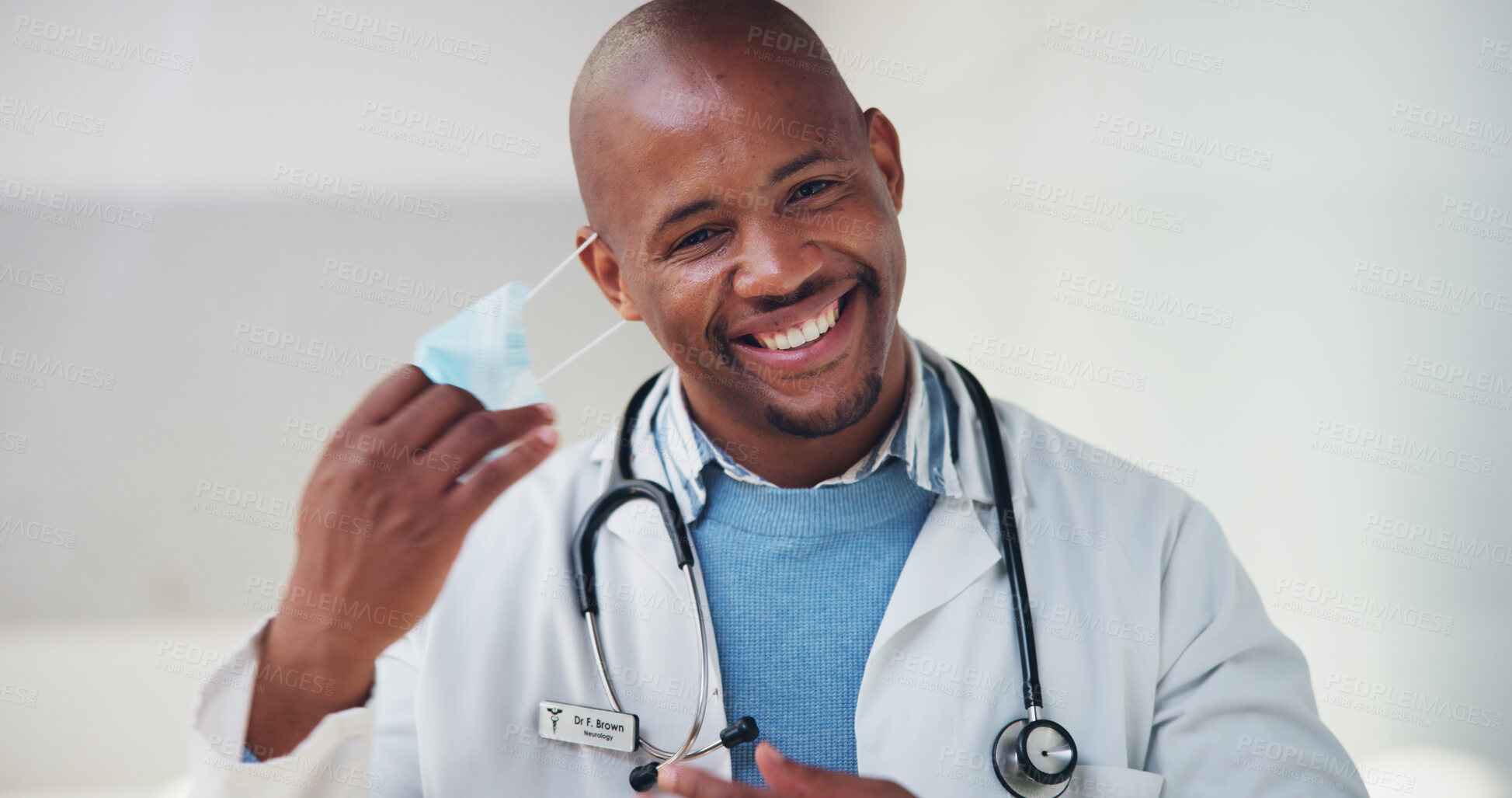 Buy stock photo Doctor, face mask and portrait of black man in hospital for virus protection, outbreak and virologist. Healthcare advisor, infectious disease expert and medical with person for ppe and about us