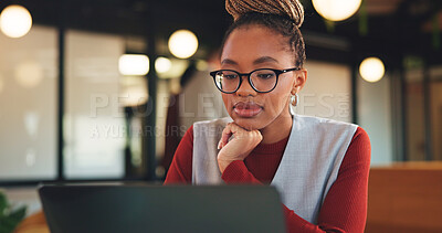 Buy stock photo Laptop, reading and glasses with business black woman in office for research, investor review and planning. Trading, digital account and advisor with employee in agency for solution and report