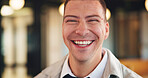 Smile, professional and portrait of business man in office for real estate agent, about us and pride. Happy, property developer and confidence with employee in agency for realtor and consultant