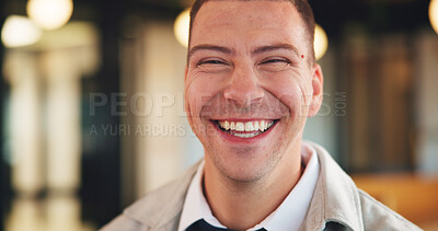 Buy stock photo Smile, professional and portrait of business man in office for real estate agent, about us and pride. Happy, property developer and confidence with employee in agency for realtor and consultant