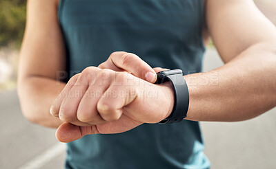 Buy stock photo Runner, smart watch and check with hands in nature for lap time, workout records or health stats. Stopwatch, exercise app and monitor with person outdoor for performance tracking and fitness info