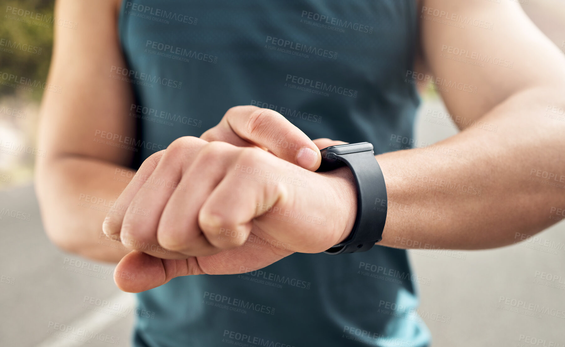 Buy stock photo Runner, smart watch and check with hands in nature for lap time, workout records or health stats. Stopwatch, exercise app and monitor with person outdoor for performance tracking and fitness info