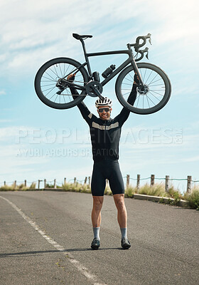 Buy stock photo Cycling, fitness and winner with portrait of man outdoor for triathlon achievement, health and success. Training celebration, cyclist target and excited with person in nature for sport and athlete
