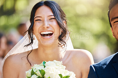 Buy stock photo Portrait, woman and bride with smile at wedding for love, partnership and commitment ceremony. Happy, couple and laughing with bokeh, marriage celebration and tradition for special occasion in nature